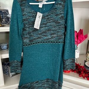 NWT Papillon Blanc Teal and Gray Long Sleeve Dress